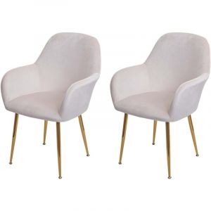 HHG - jamais utilis&eacute;] Lot de 2 chaises de salle &agrave; manger 240, chaise de cuisine, design r&eacute;tro, velours cr&egrave;me-blanc, pieds dor&eacute;s