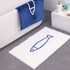 Tapis de bain antid&eacute;rapant pour salle de bain Motif poisson Bleu/blanc, Polyester, Wei&szlig;, 40 x 60 cm
