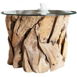 Table basse ronde ARBOREA 70 cm &ndash; Table basse en bois flott&eacute; avec plateau en verre tremp&eacute;