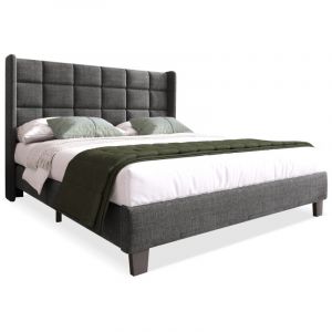 Lit Rembourr&eacute; 140x200 Cm Avec Sommier En Bois Et T&ecirc;te De Lit Capitonn&eacute;e En Lin Gris