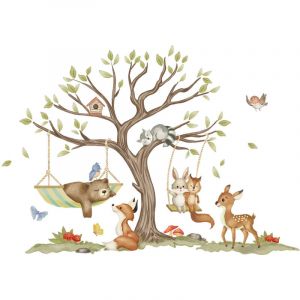 Stickers Muraux Animaux Foret Arbre Autocollants Muraux Mural Stickers Enfants Cerf Renard Pin pour Chambre Enfants B&eacute;b&eacute; P&eacute;pini&egrave;re