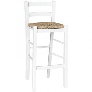 Tabouret haut 67 cm en bois de hêtre italien blanc avec assise en paille