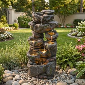 Fontaine de Jardin avec &Eacute;clairage LED &ndash; Rev&ecirc;tement Pierre Artificielle, Pompe &agrave; Eau, Jeu d&rsquo;Eau pour Ext&eacute;rieur et Int&eacute;rieur &ndash; Gris, D