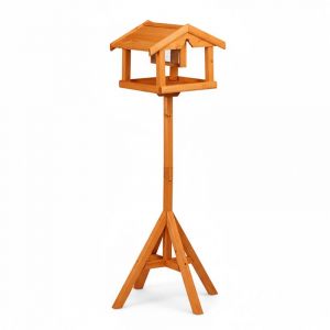 Relaxdays Mangeoire sur pied avec silo &agrave; graines, jardin & terrasse, pour oiseaux sauvages, bois de sapin, orange