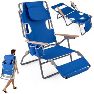 Chaise de Plage Pliante avec Trou pour le Visage, Repose-pieds, Dossier R&eacute;glable, Oreiller, Fauteuil Inclinable Portable pour Bain de Soleil, Bleu