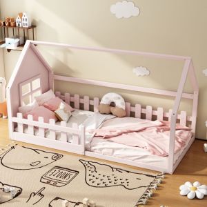 Lit cabane 90x200 cm, lit simple d'enfant avec barriéres de sécurité, cadre de lit en pin et mdf, couleur rose, sans matelas