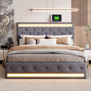 Lit double 140x190, lit capitonn&eacute; 140x190, lit coffre avec 4 tiroirs, lit adulte led r&eacute;glable, t&ecirc;te de lit avec chargement usb, sommier &agrave; lattes en