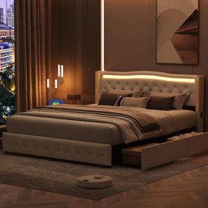Sureh - Lit tiroir avec led, Lit double 160x200 cm, Lit rembourré avec 4 tiroirs, Lit adulte capitonné avec 4 ports de charge,sommier à lattes,