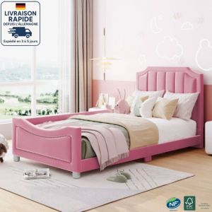Lit enfant 90x200 cm canap&eacute;-lit rembourr&eacute; en flanelle &ndash; Lit multifonction avec accoudoirs et dossier, lit d&rsquo;appoint parent-enfant, Rose