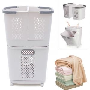 Panier &agrave; linge multifonctionnel &agrave; deux niveaux sur roulettes Panier &agrave; linge mobile &agrave; main Panier de rangement pour v&ecirc;tements de salle de bain sur