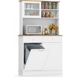 COSTWAY Buffet de Cuisine 2 Tiroirs, Meuble Cuisine avec Plan de Travail en Caoutchouc, Placard de Poubelle 38 L, Meuble Poubelle Rangement, Armoire