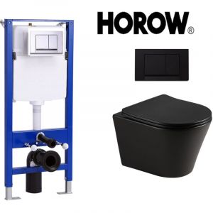 Toilette murale noire sans cadre avec réservoir caché et plaque de poussée chromée noire, ensemble complet wc en céramique noir mat, wc mural, wc