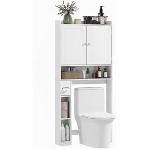 Meuble WC dessus de toilette ou machine &agrave; laver - HOMCOM - 2 portes, 3 niches, porte-papier toilette - MDF - 80x19,5x170cm - blanc