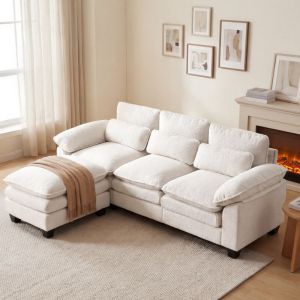 Canap&eacute; d'angle convertible 226x76x88cm,coussins doubles, canap&eacute; en L avec pouf r&eacute;versible, canap&eacute; en velours Teddy 3 places beige