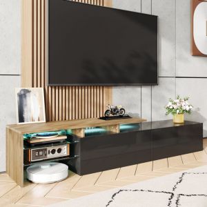 Meuble TV avec 2 tiroirs, 1 &eacute;tag&egrave;re en verre, LED meuble t&eacute;l&eacute; brillant pour salon/chambre, 170&times;33&times;33.5cm, noir