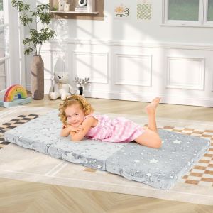 Goplus - Matelas de Sol Pliable pour Enfant, Matelas en Flanelle Doux, Tapis de Jeu Lumineux pour Dormir, avec Poignées et Sac de Transport, Futon