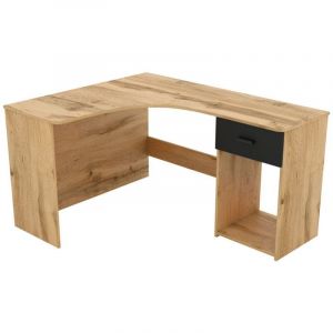 Bureau d'angle design avec nombreux rangements collection LOUANE coloris ch&ecirc;ne et noir.