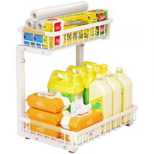 Etag&egrave;re &agrave; &eacute;pice &agrave; 2 Niveaux, Tiroir Organisateur, Porte-&eacute;pices, Panier Coulissant sous Evier,Garde-Manger, Bureau,Hauteur R&eacute;glable,40x30x42-48CM,blanc