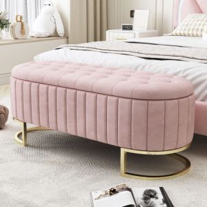 Banc coffre de rangement 120 cm en velours, banquette rembourr&eacute;e avec espace de rangement, ottomane multifonction pour salon, chambre ou entr&eacute;e - Rose