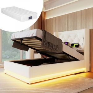 Redom - Lit coffre 90 x 200cm, lit simple avec usb et led, lit simple capitonné, cuir, blanc(avec matelas)