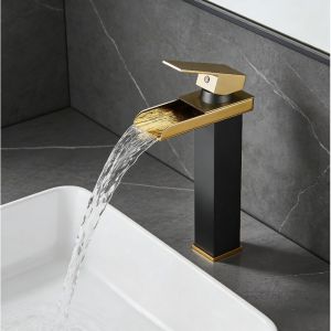 Robinet de salle de bain cascade haut &agrave; large rebord noir et dor&eacute; avec tuyau d'arriv&eacute;e de 60 cm Mitigeur de lavabo &agrave; bec large de style europ&eacute;en avec