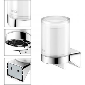 Distributeur de savon KEUCO Rose &agrave; coller ou percer, m&eacute;tal chrom&eacute; avec verre satin&eacute;, contenance 180 ml, rechargeable, kit de collage inclus, pour