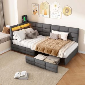 Dans Les Nuages &ndash; Lit simple 90x200 cm avec tiroirs &ndash; Structure en bois massif &ndash; Capacit&eacute; de charge 250 kg &ndash; Interface USB int&eacute;gr&eacute;e &ndash; T&ecirc;te de lit