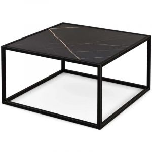 Table basse carr&eacute;e 70 x 70 x 40 cm avec dessus en faux marbre et structure solide en acier noir style moderne minimaliste