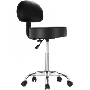 Tabouret &agrave; roulettes avec support dorsal et roulettes, capacit&eacute; de 450 lb, hauteur r&eacute;glable, cuir pu &eacute;pais, pour salon, spa, tatouage, clinique, noir