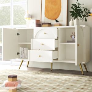 Buffet, commode, 2 portes + 3 tiroirs, étagères réglables, pour salon et chambre, 140x40x84cm, bois + métal, blanc crème
