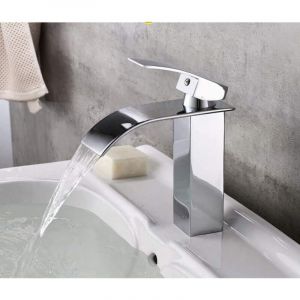 Tonchean - Robinet de lavabo en laiton, conception de cascade plate, mont&eacute; sur le pont, poign&eacute;e unique, trou unique, &eacute;vier de salle de bains,