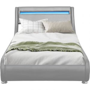 Lit 90x190 - Lit Ava Gris - Sommier + Tête de Lit Éclairage led - Couleur Blanc - Pieds 5 cm - 13 Lattes - Revêtement pvc Simili - Montage Rapide et
