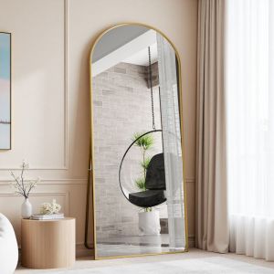 Genki - Miroir de Sol Pleine Longueur Bomb&eacute;, 180x80 cm, Cadre en Aluminium Dor&eacute;, Grand Miroir Mural Inclinable ou Suspensible - Salon, Chambre, Entr&eacute;e