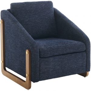 Fauteuil pour salon, chaise moderne avec accoudoir en bois et coussin, tissu de chenille, bleu