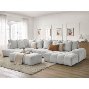 BOBOCHIC - Canap&eacute; panoramique convertible coffre EVEREST tissu chin&eacute; avec pouf Angle droit Gris clair