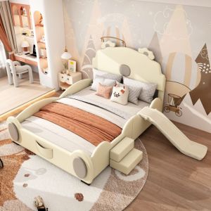Lit enfant 140x200cm, lit double ours dessin animé, avec toboggan et échelle, pu, beige, sans matelas