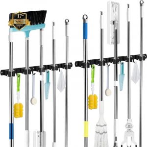 Accroche Balai Mural, 2 Pack 5 Supports + 4 Crochets Noir Porte Balais Mural, Support Balais Mural, Porte Balais Mural Sans Percage, Rangement Balai,