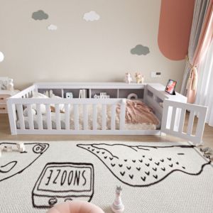 Lit enfant 90x200 cm, lit au sol avec rangement, barri&egrave;re de s&eacute;curit&eacute; et porte, en bois, blanc, sans matelas