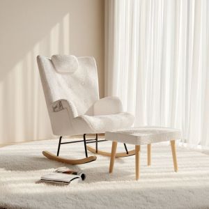 Rocking Chair, Fauteuil &agrave; Bascule en peluche, avec douce repose pieds, Dossier avec appui-t&ecirc;te rembourr&eacute; et poches lat&eacute;rales, style Scandinave - Blanc