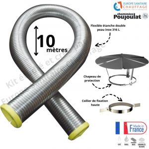 Kit tubage flexible double peau inox diamètre 180 + collier de fixation haute + chapeau Poujoulat Longueur du conduit 10 mètres