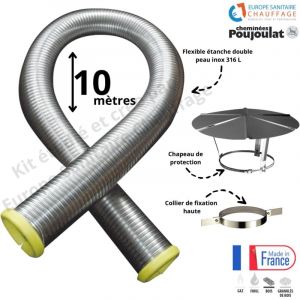 Poujoulat - Kit tubage flexible double peau inox diamètre 180 + collier de fixation haute + chapeau 10 mètres