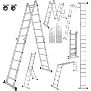 &Eacute;chelle multifonction 7 en 1 - 5,82 m - En aluminium - 4 x 5 marches - Avec 2 plaques d'&eacute;chafaudage et 2 roulettes - Charge maximale : 150 kg