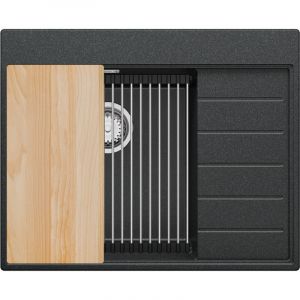 Primagran - Evier Cuisine en Granit 62x50cm, Lavabo 1 bac + Kit de Vidage + Accessoires, &Eacute;vier &agrave; Encastrer au meuble 45cm - Sydney, Graphite