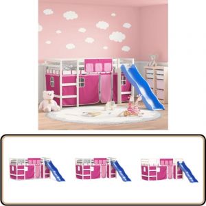 Lit mezzanine enfants avec rideaux sans matelas rose 90x200cm - Lit Mezzanine Enfant - Lit Double Niveau - Lit Cabane - Lit Design Enfant - Mobilier