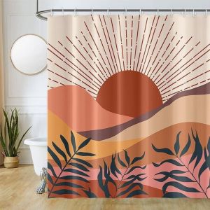 Rideau Douche Anti Moisissure, Rideau Douche 180x180cm Terracotta Feuilles Bleu Abstrait Paysage Orange Rideaux de Baignoire Tissu Lavable