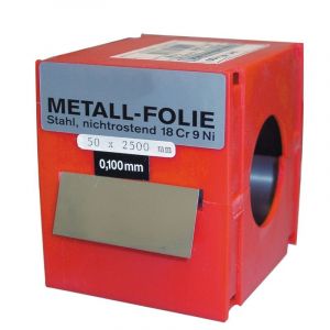 Rouleau de feuillard calibr&eacute; VOGEL 2,5 m x 50 mm en acier inoxydable, &eacute;paisseur 0,09 mm.