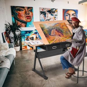 Table &agrave; Dessin avec Tabouret Bureau &agrave; Dessin avec Hauteur R&eacute;glable Tiroirs et Plateau Inclinable Bureau d'Ecriture pour Beaux-Arts Naturel