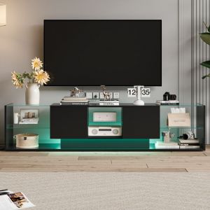 Meuble TV 200 cm, avec &eacute;clairage LED r&eacute;glable, 4 &eacute;tag&egrave;res ouvrantes en verre, 2 tiroirs, meuble tele, convient pour TV 90" - 200x35x45 cm (Noir)
