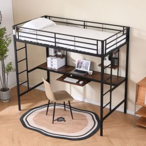 Lit mezzanine 90x190 cm avec bureau intégré, cadre en métal noir, design moderne, gain de place pour chambre d'enfant, ado ou studio étudiant,