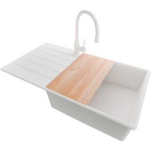 PRIMAGRAN Evier Cuisine en Granit 90x50cm, Lavabo 1 bac + Robinet 38x14cm + Kit de Vidage + Accessoire, Évier à Encastrer au meuble 60cm